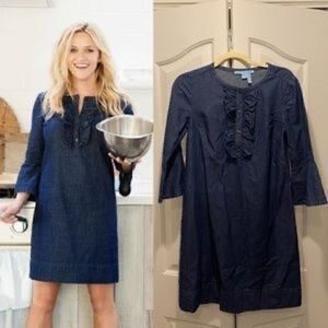 Draper James Women’s Size 8 Ruffle Shift Dress Blue Denim Chambray Bell Sleeve